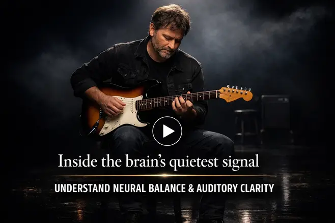 Introspective guitarist under stage light reflecting auditory fatigue and disrupted sound perception