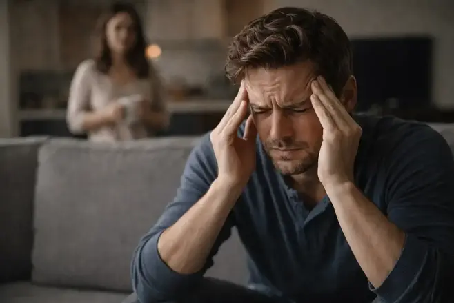 Man experiencing head tension and sensory strain linked to persistent tinnitus and auditory fatigue