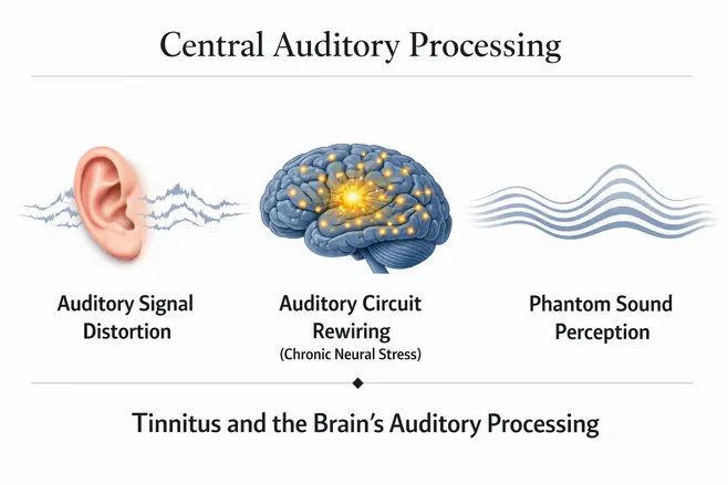 Diagram illustrating auditory signal distortion neuroplasticity and tinnitus perception in the brain